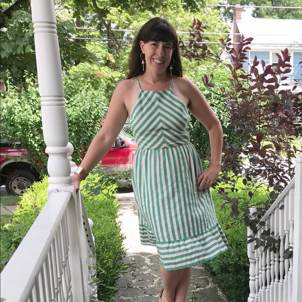 Green and White Striped Open Back Dress